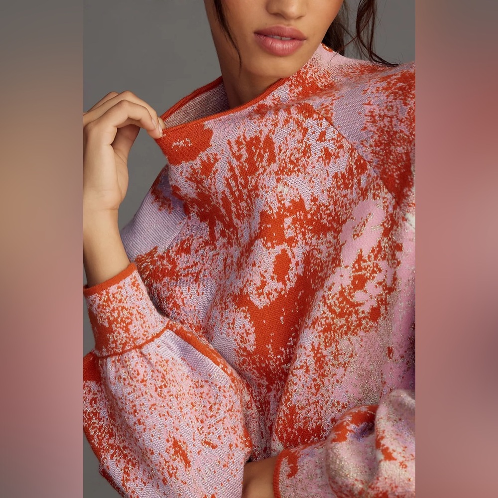 Anthropologie Beatriz Mock Neck Lurex Edition Pink Orange Sweater S
